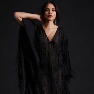 MAEVE By ANTHROPOLOGIE Fringed Shine Kaftan Black See Through Dress ( OS )